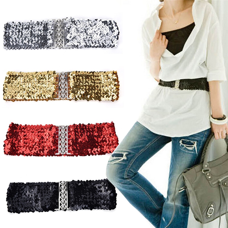 1pc Free Size Shinny Wide Stretch Belt Women
