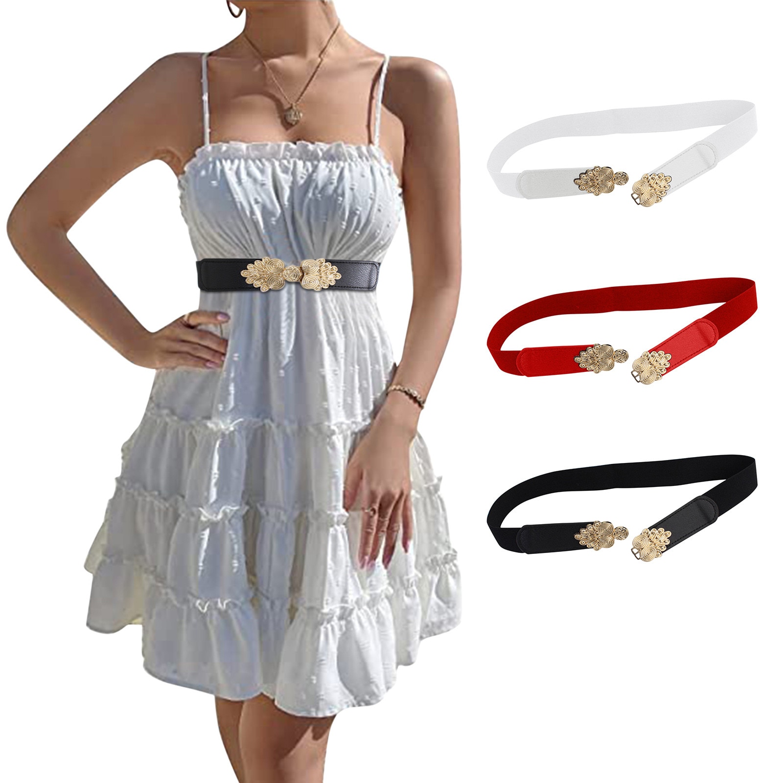 Women Wide Waist Belt Vintage Metal Flower Elastic Stretch Buckle Belt